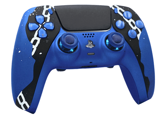 Blue and black SoloVenomous PS5 modded controller with custom design, adjustable thumbsticks, and enhanced gaming features