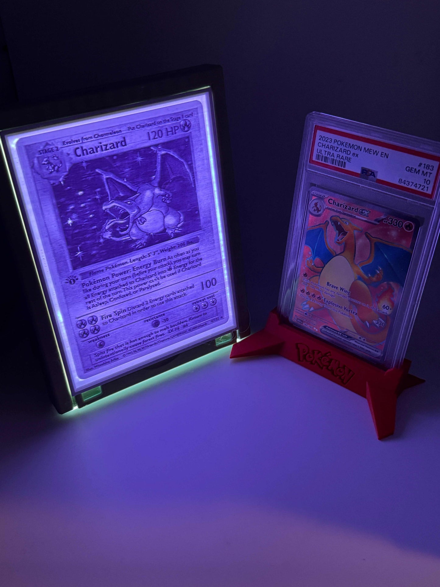 Illuminated LED Pokemon Card featuring Charizard in a customizable frame with 3D print and glowing details