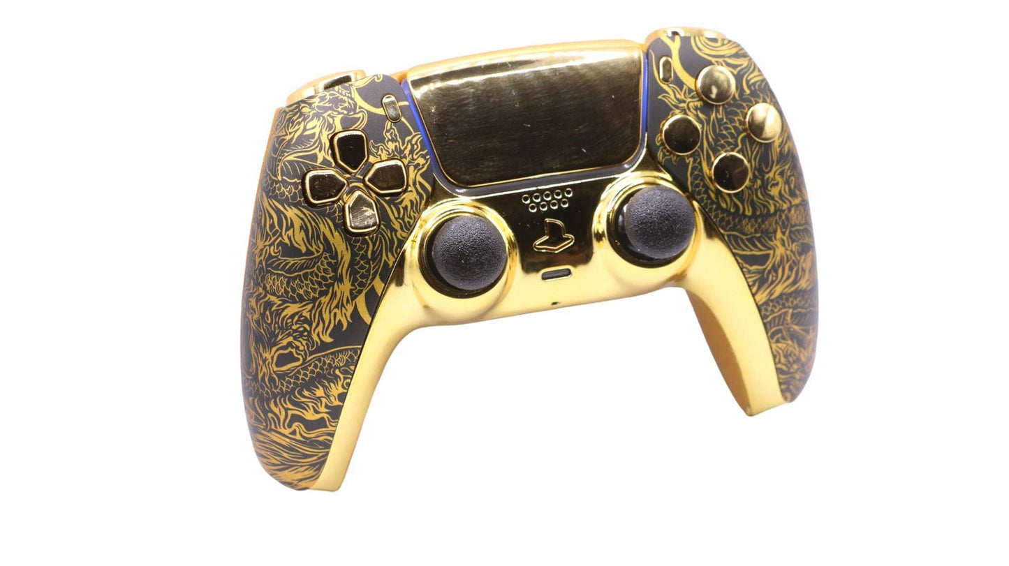 Gold custom PS5 controller with TMR thumbsticks, back paddles, and GM Master Mod features