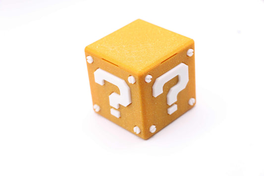 Super Mario Bros Nintendo Switch game case shaped like a yellow Question Mark Block for 8 cartridges and 5 Micro SD cards