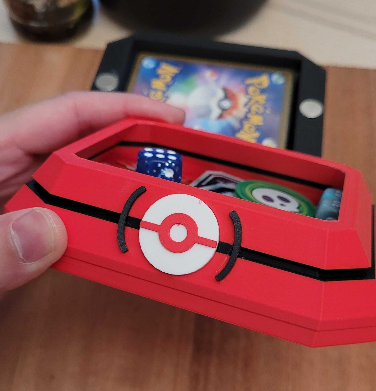 3D printed Pokemon Center Deck box with magnetic roof for storing cards, dice, and game markers