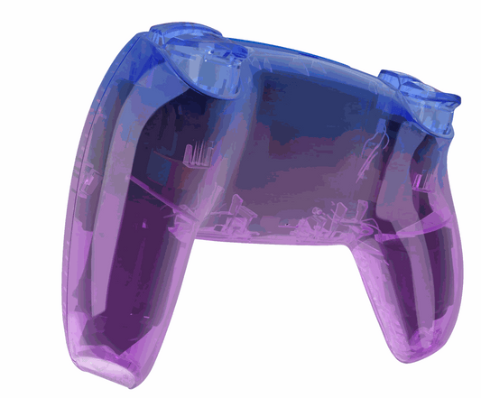 Transparent blue and purple transparent PS5 controller with customizable features and back paddles
