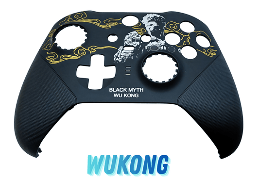 Custom Xbox One Elite Series 2 controller front shell in black with gold design and textured grips for Xbox Wireless Bluetooth