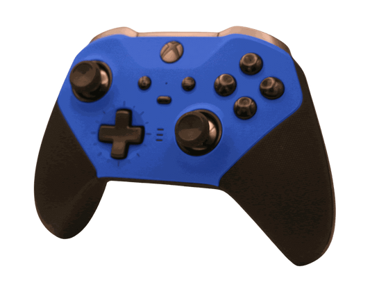 Dark blue Xbox One Elite Series 2 wireless gaming controller with adjustable thumbsticks and rubberized grip