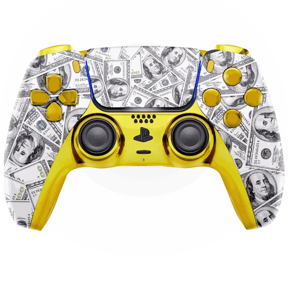 Benjamins Custom PS5 Modded Controller with gold accents and money print design, enhanced for precision gaming and customization options
