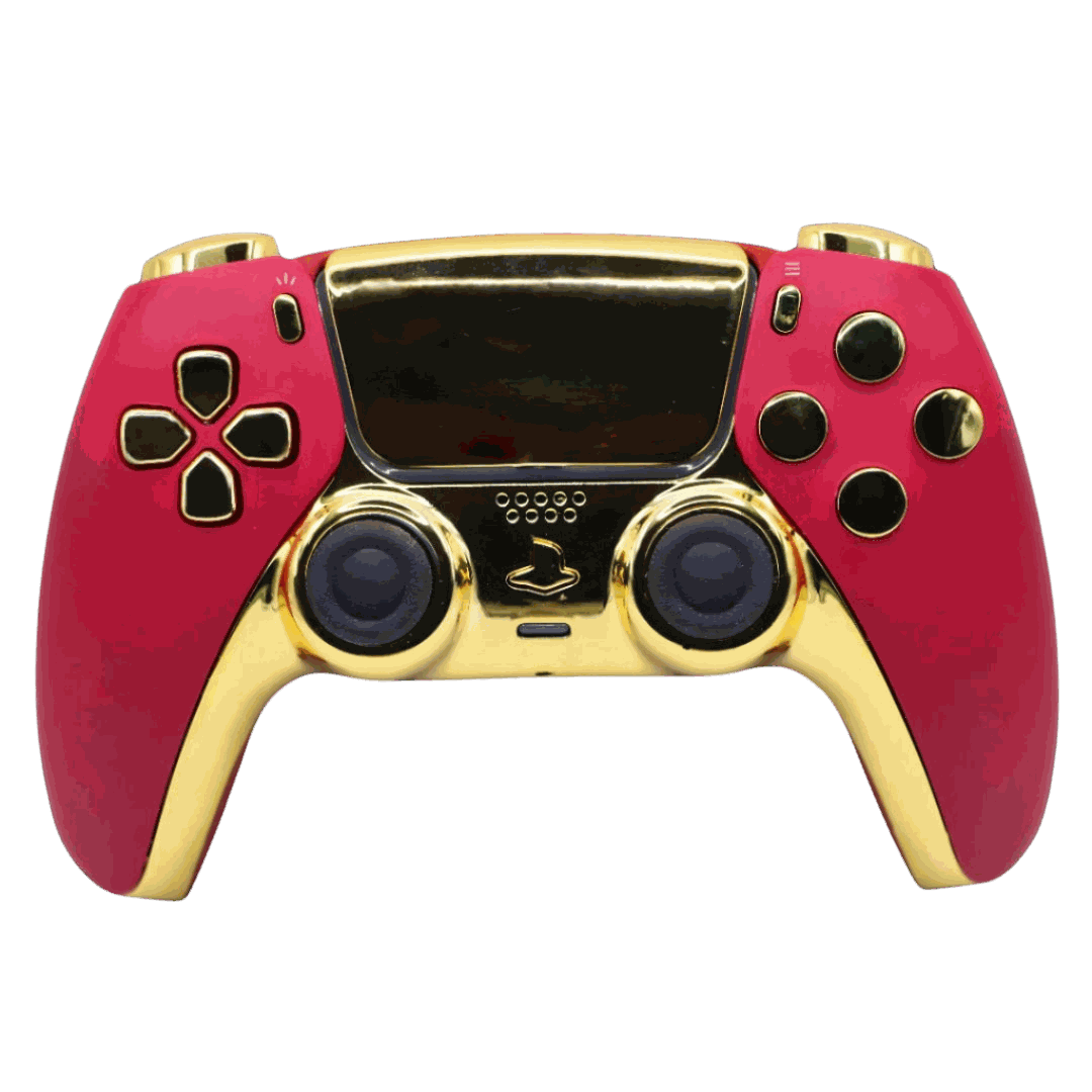 Geniusmods custom gaming controller with red and gold finish and enhanced thumbsticks and triggers