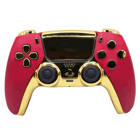Geniusmods custom gaming controller with red and gold finish and enhanced thumbsticks and triggers