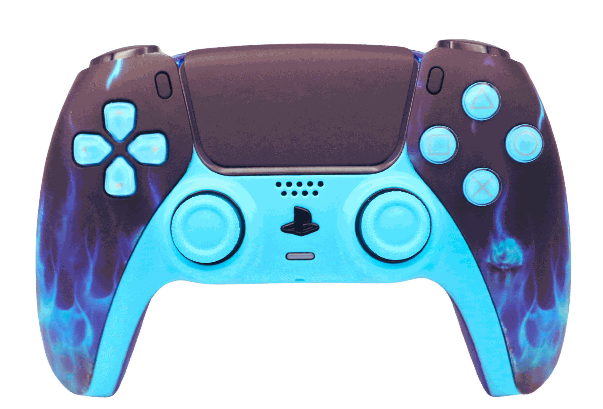 Blue flame design PS5 modded controller with custom buttons and thumbsticks