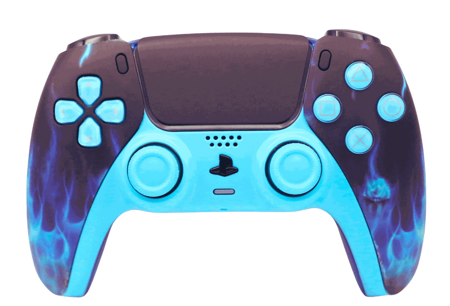 Blue flame design PS5 modded controller with custom buttons and thumbsticks