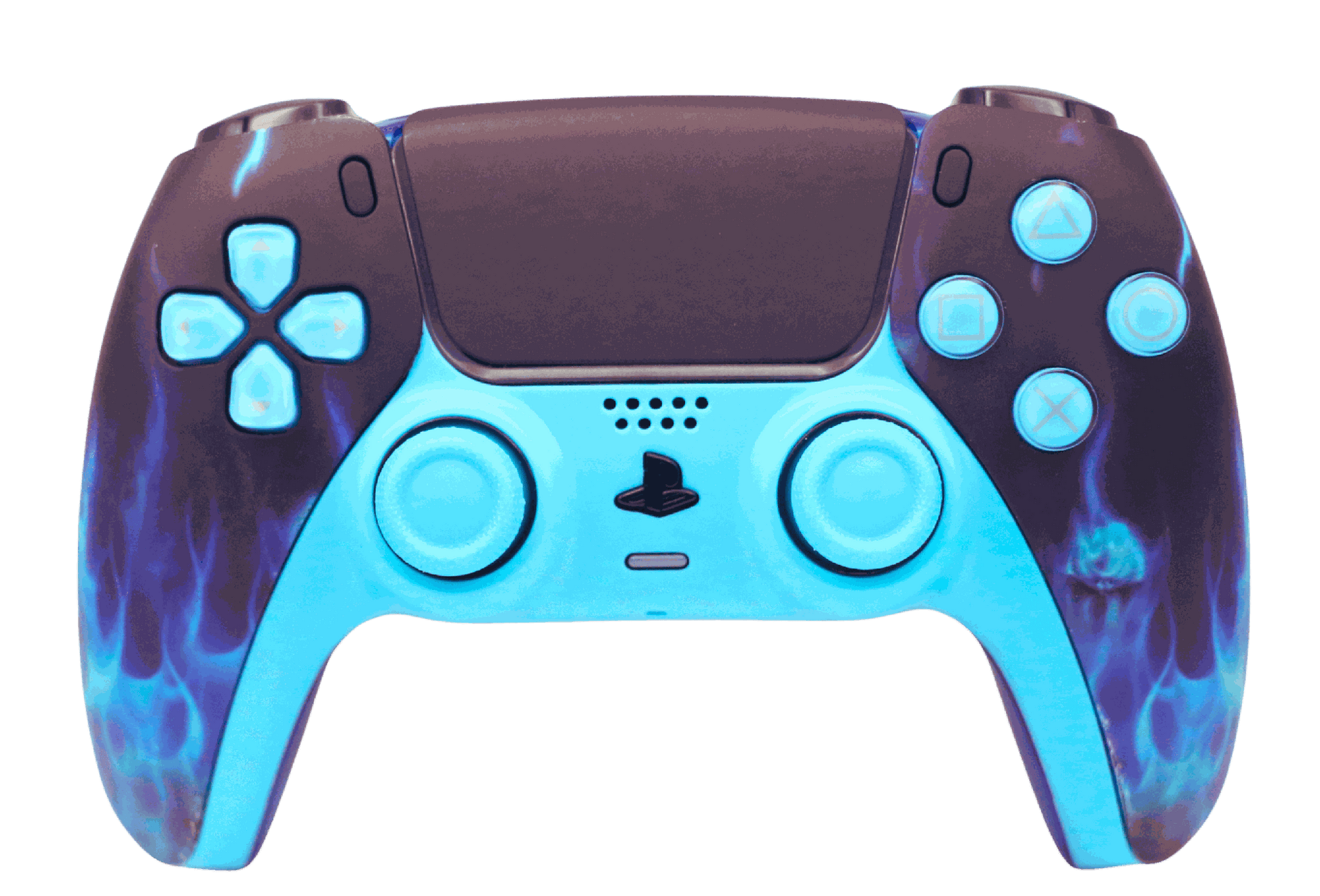 Blue flame design PS5 modded controller with custom buttons and thumbsticks