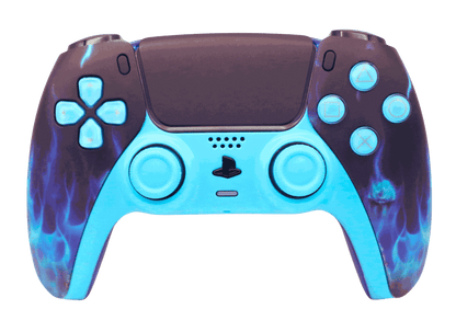 Blue flame design PS5 modded controller with custom buttons and thumbsticks