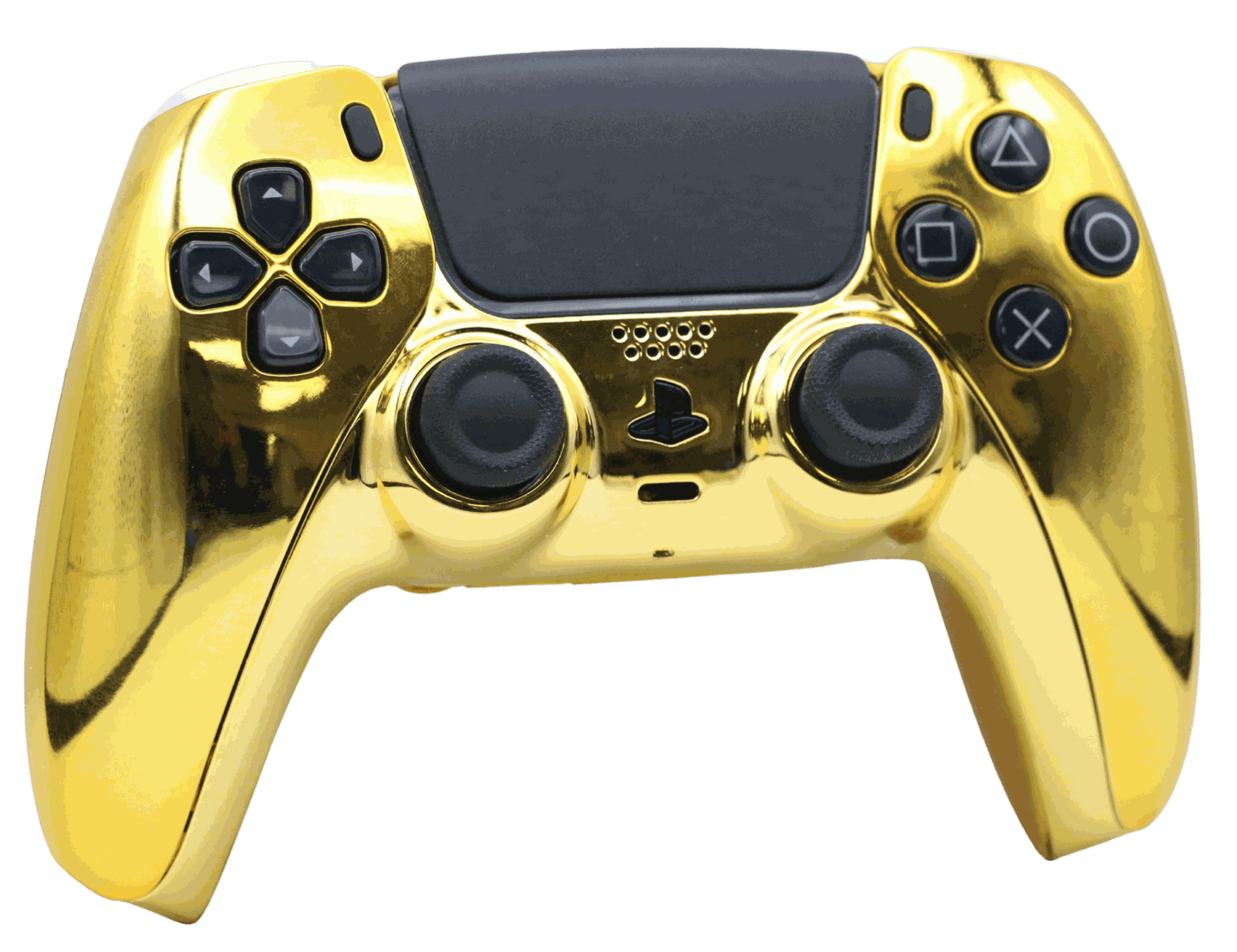 Gold PS5 modded controller with customizable TMR thumbsticks, rapid-fire mouse triggers, GM Master Mod, adjustable back paddles, and extended battery.