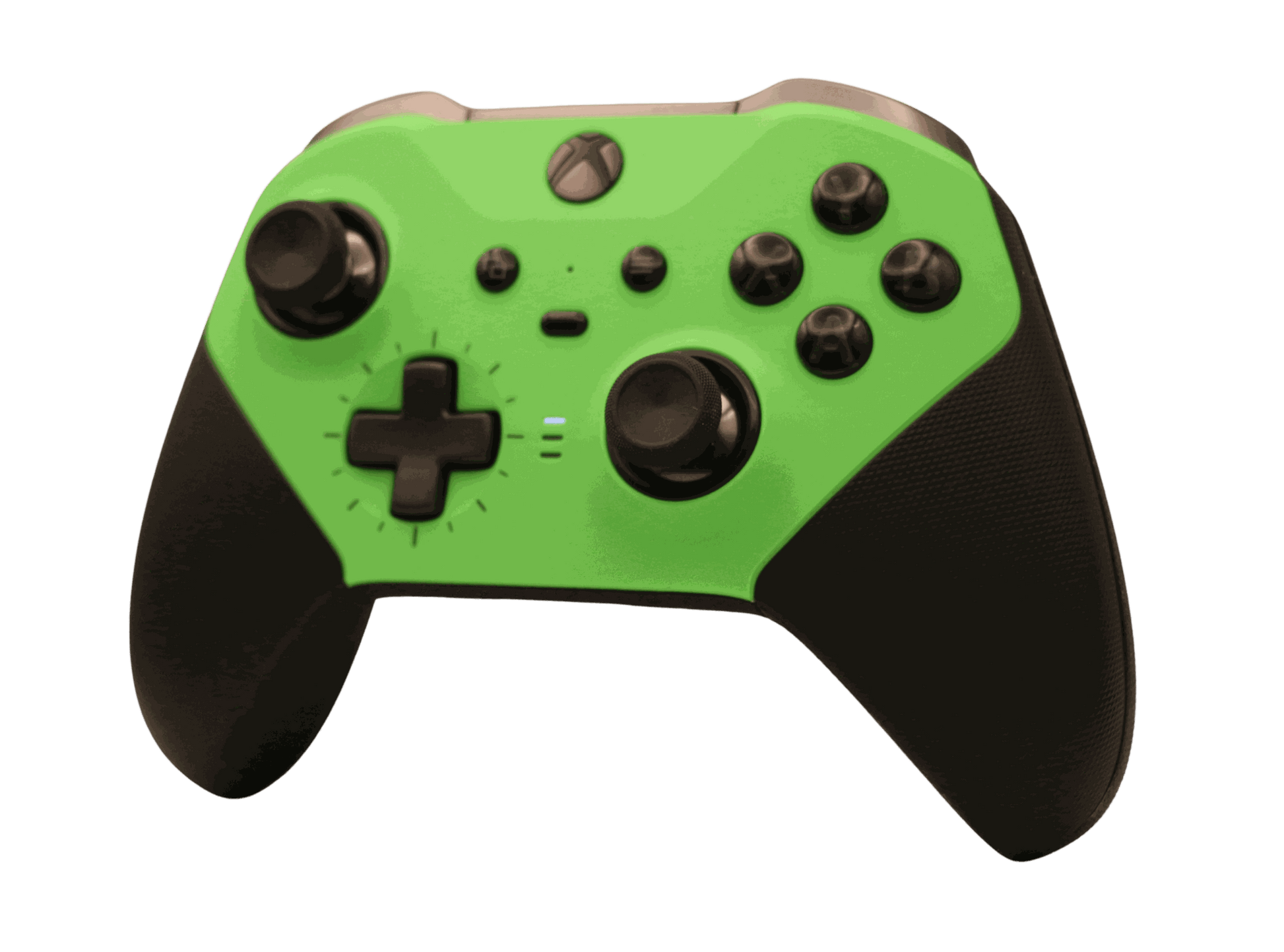 Green Xbox One Elite Series 2 wireless controller with customizable thumbsticks and rubberized grip