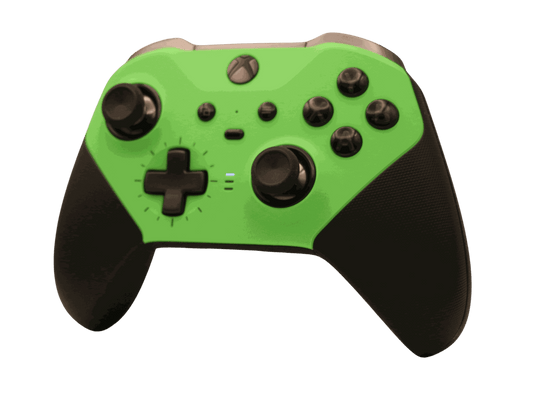 Green Xbox One Elite Series 2 wireless controller with customizable thumbsticks and rubberized grip