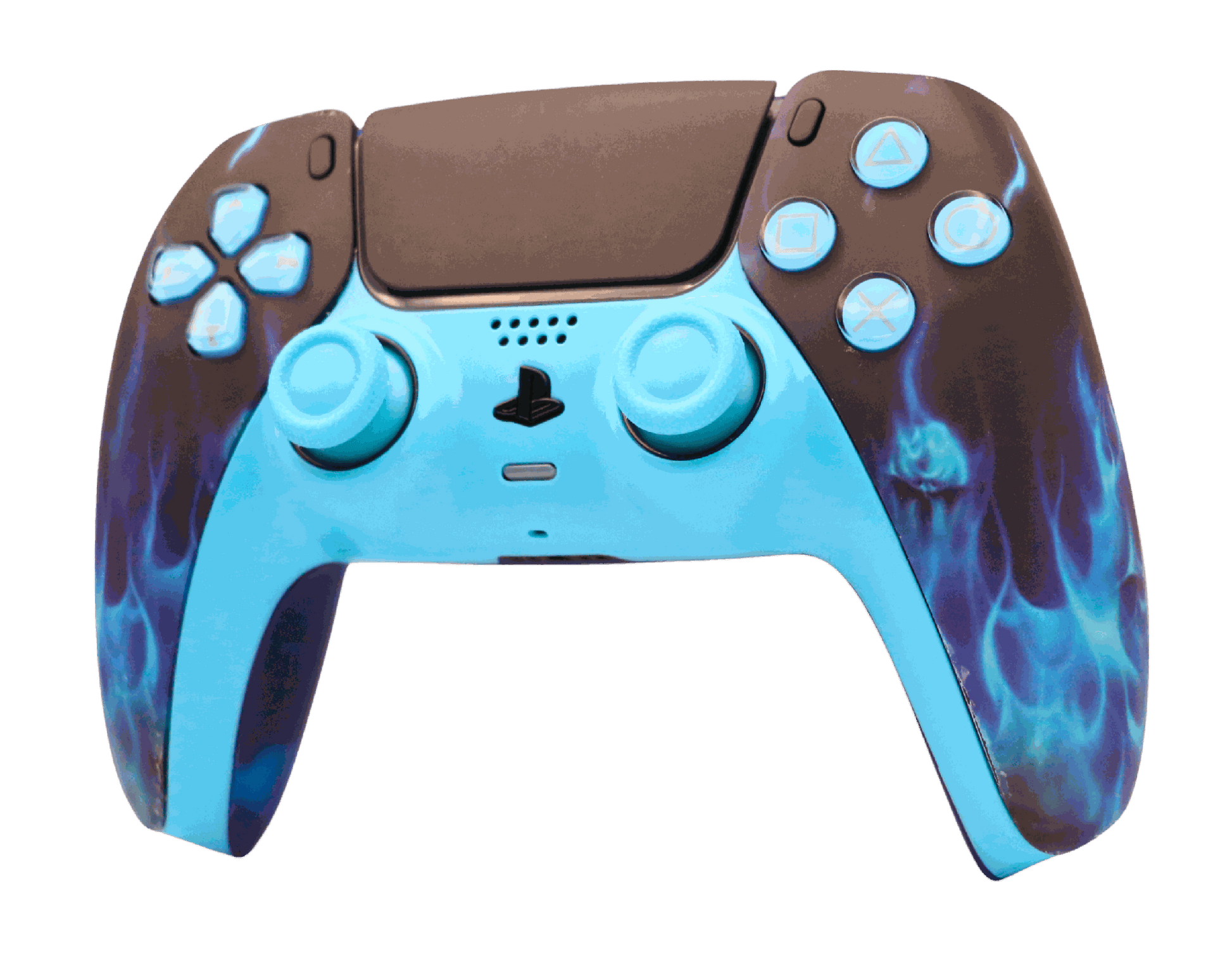 Blue Flame 2 PS5 modded controller with customizable blue flame design, TMR thumbsticks, digital triggers, and back paddles for precision gaming