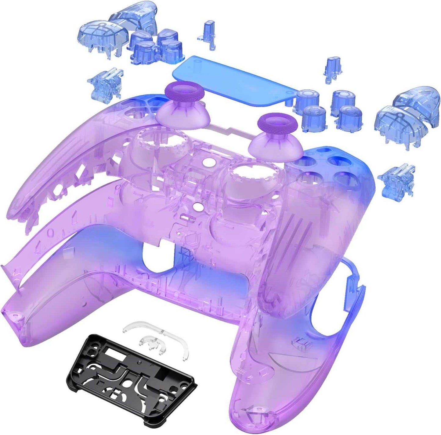 Transparent Blue Purple PS5 controller with customizable TMR thumbsticks, hair triggers, GM Master Mod, and back paddles