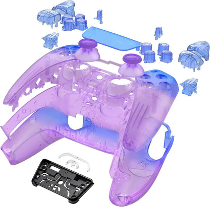 Transparent Blue Purple PS5 controller with customizable TMR thumbsticks, hair triggers, GM Master Mod, and back paddles