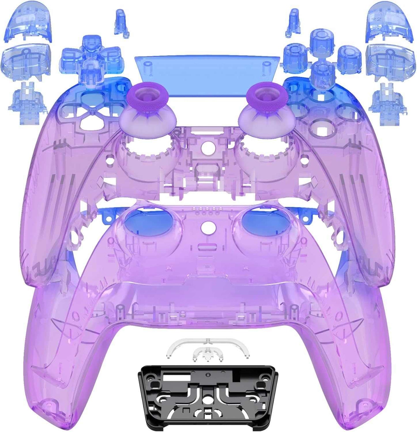 Transparent blue and purple custom PS5 controller with TMR thumbsticks and back paddles
