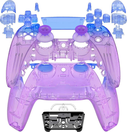 Transparent blue and purple custom PS5 controller with TMR thumbsticks and back paddles