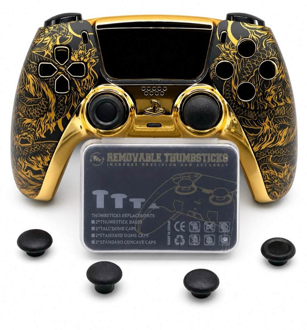Gold custom PS5 controller with modded features and adjustable thumbsticks
