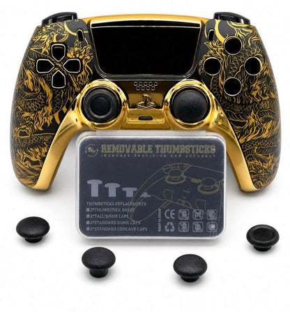 Gold custom PS5 controller with modded features and adjustable thumbsticks