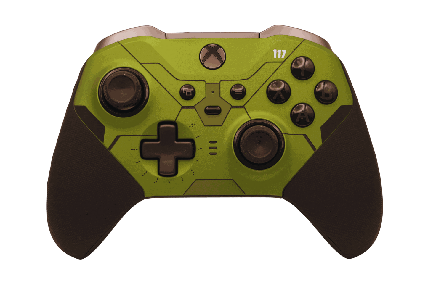 Army Halo Green Xbox One Elite Series 2 controller with adjustable thumbsticks and rubber grip