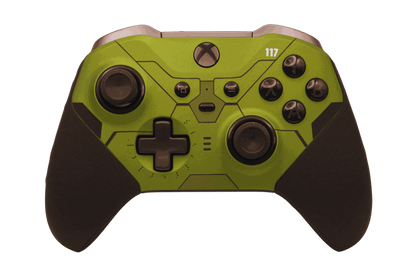 Army Halo Green Xbox One Elite Series 2 controller with adjustable thumbsticks and rubber grip