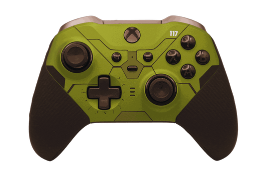 Army Halo Green Xbox One Elite Series 2 controller with adjustable thumbsticks and rubber grip