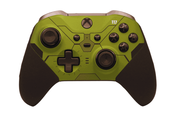 Army Halo Green Xbox One Elite Series 2 controller with adjustable thumbsticks and rubber grip