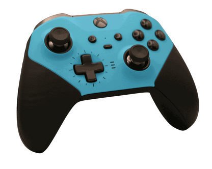 Light blue Xbox One Elite Series 2 wireless gaming controller with adjustable thumbsticks and rubberized grip