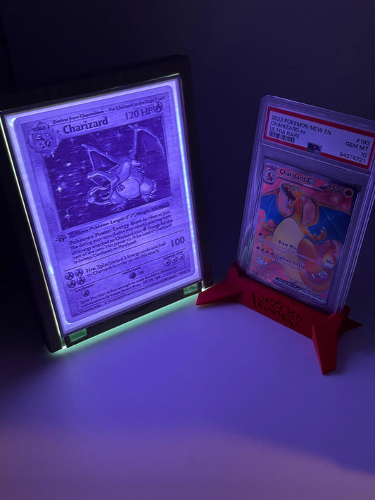 Illuminated LED Pokemon Card featuring Charizard in a customizable frame with 3D print and glowing details