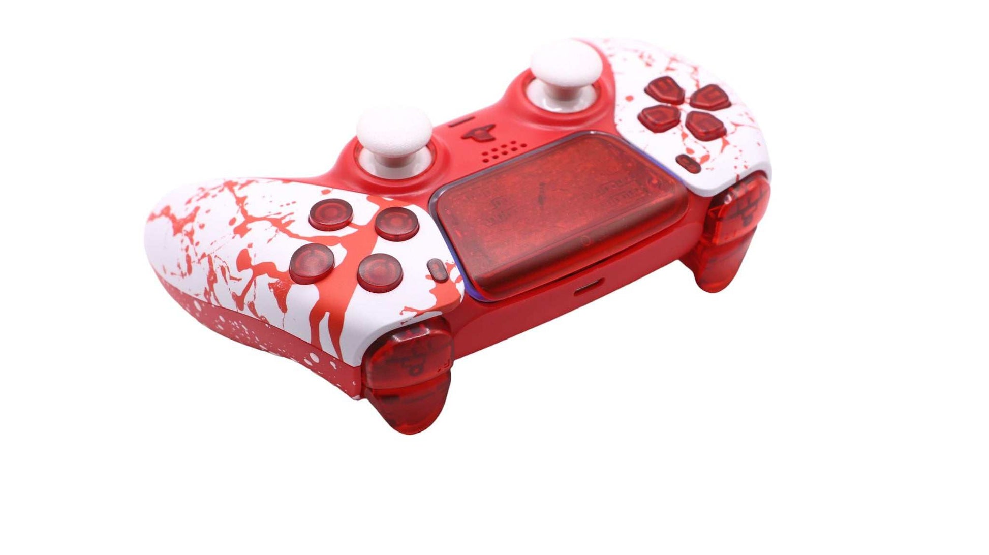 Blood Splatter PS5 controller with custom purple haze design and adjustable thumbsticks