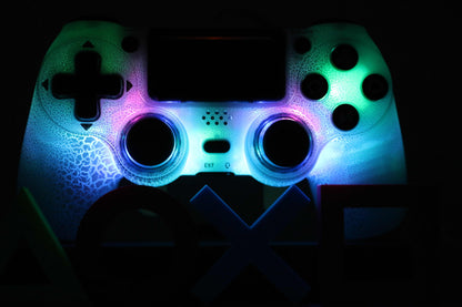 Loaded Pro LED PS4 Controller with customizable LED lights, precise TMR thumbsticks, digital triggers, and back paddles for enhanced FPS gaming.
