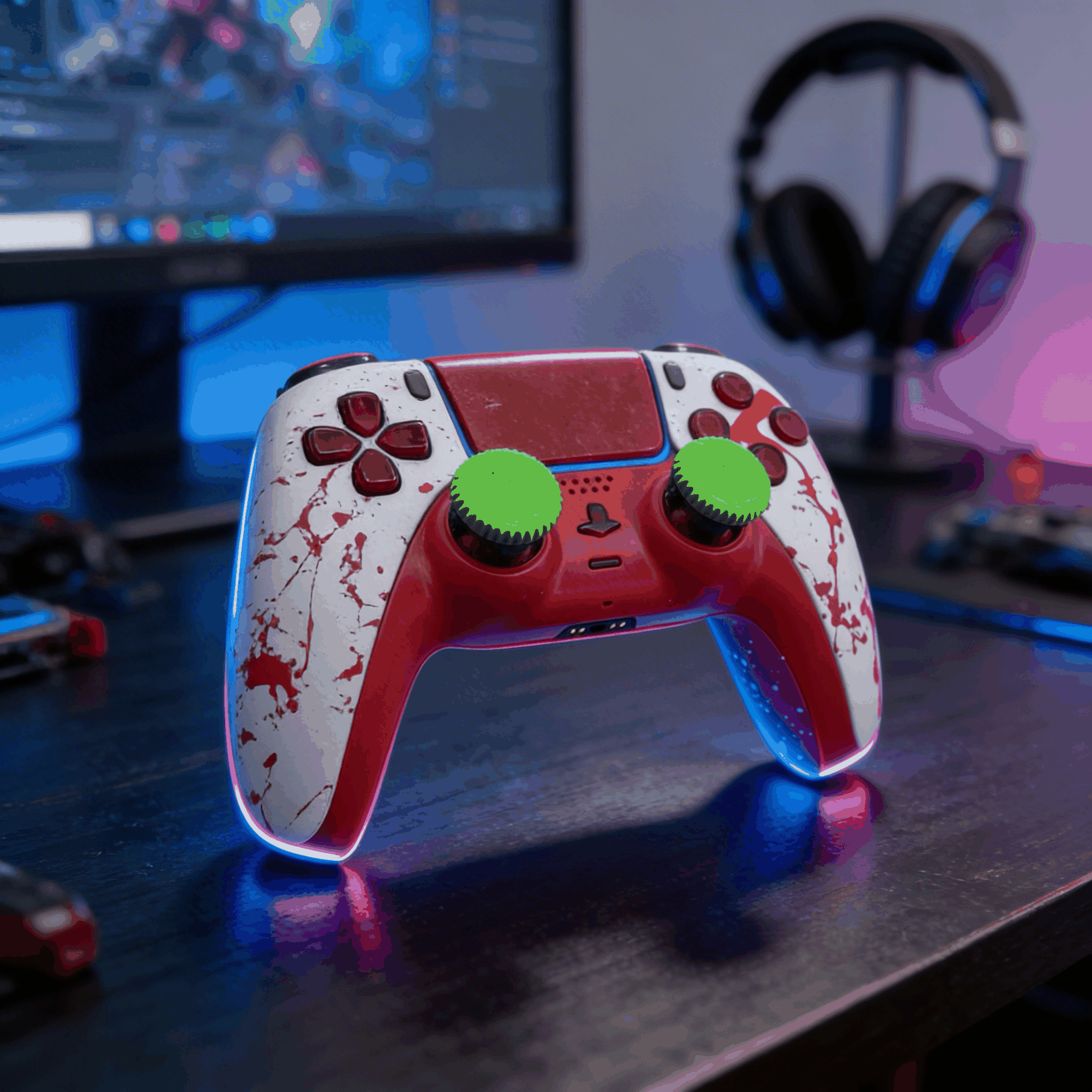 3D printed PS4 PS5 Xbox thumbstick extenders with black hard plastic and green rubber grips for enhanced comfort and precision