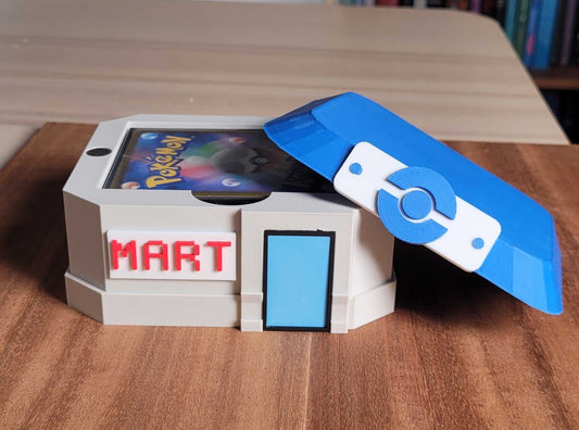 3D printed Pokemon Mart deck box with magnetic roof storing 60 card deck and dice.