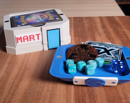 3D printed Pokemon Mart deck box with magnetic roof and dice storage on wooden table
