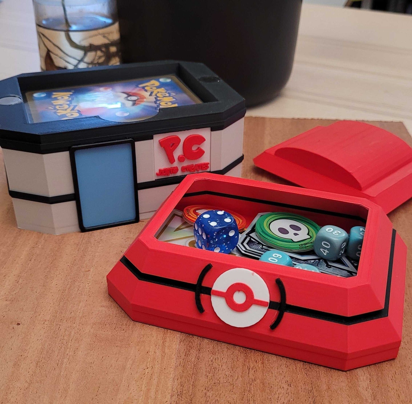 3D printed Pokemon Center Deck box with dice and card storage, magnetic roof closure