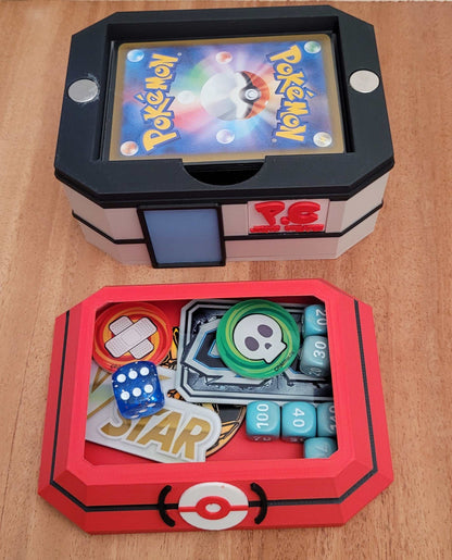 3D printed Pokemon Center Deck box with roof storage for dice and markers, secure magnetic closure