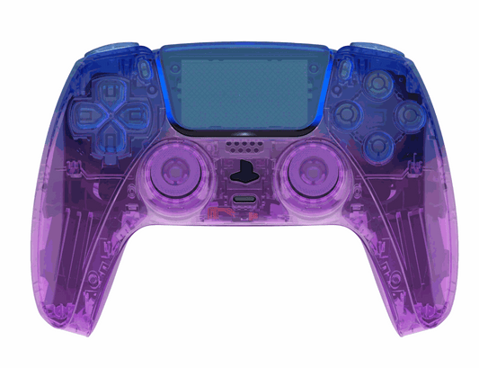 Transparent blue and purple customized PS5 controller with TMR thumbsticks and back paddles