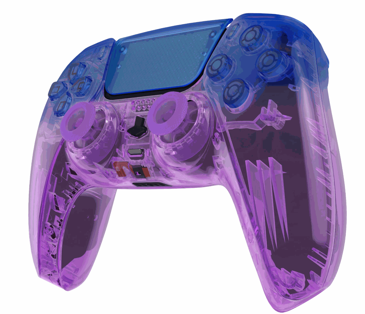 Transparent blue and purple customizable PS5 controller with TMR thumbsticks and back paddles