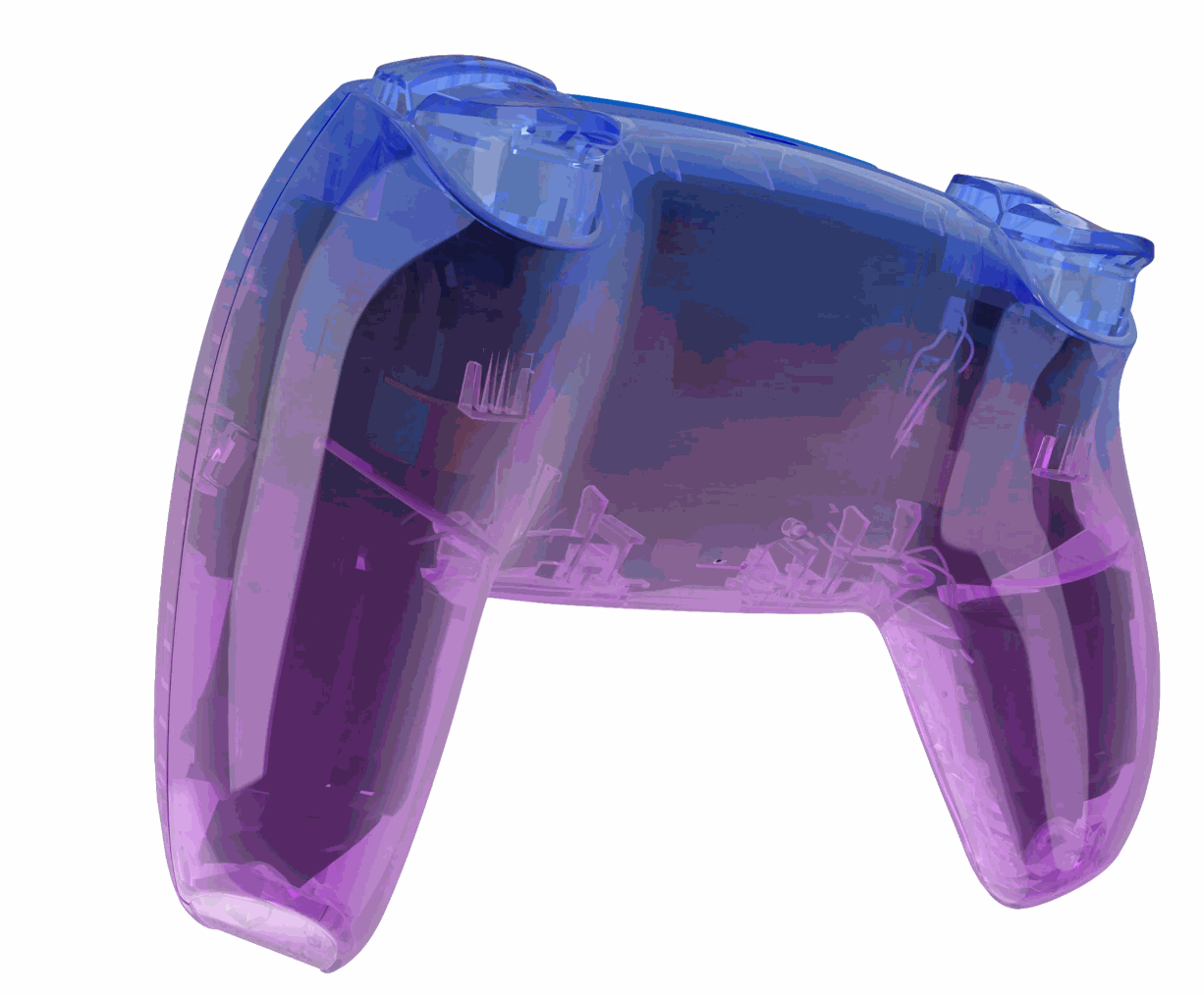 Transparent blue and purple transparent PS5 controller with customizable features and back paddles