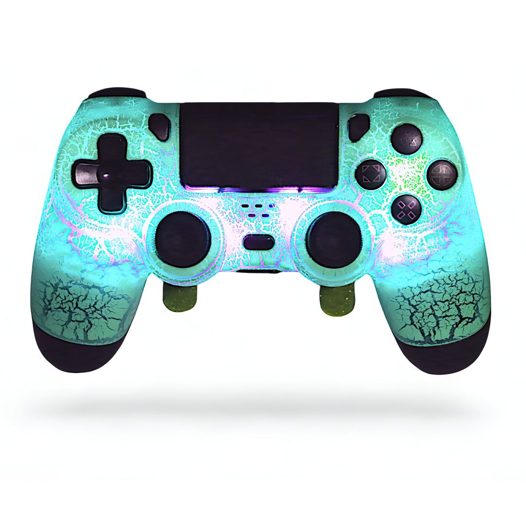 Loaded Pro LED PS4 Controller with custom glowing design, TMR thumbsticks, instant-response triggers, back paddles, and adjustable LED colors for enhanced FPS gaming performance.
