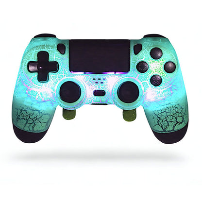 Loaded Pro LED PS4 Controller with custom glowing design, TMR thumbsticks, instant-response triggers, back paddles, and adjustable LED colors for enhanced FPS gaming performance.