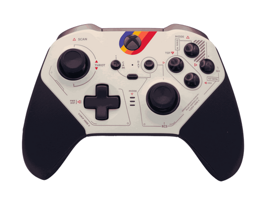 White Xbox One Elite Series 2 controller with customizable thumbsticks, rubberized grip, and button mapping options