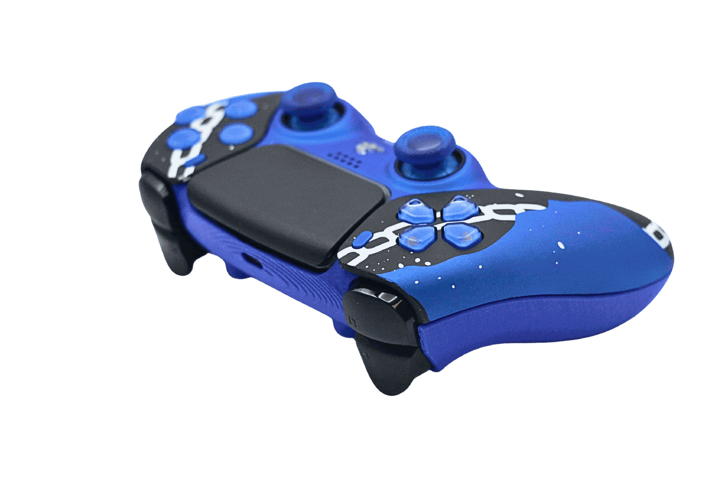 SoloVenomous PS5 modded controller with custom blue design, adjustable thumbsticks, back paddles, and advanced gaming mods.