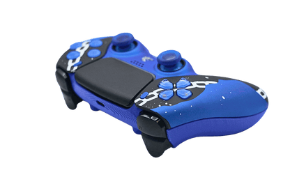 SoloVenomous PS5 modded controller with custom blue design, adjustable thumbsticks, back paddles, and advanced gaming mods.