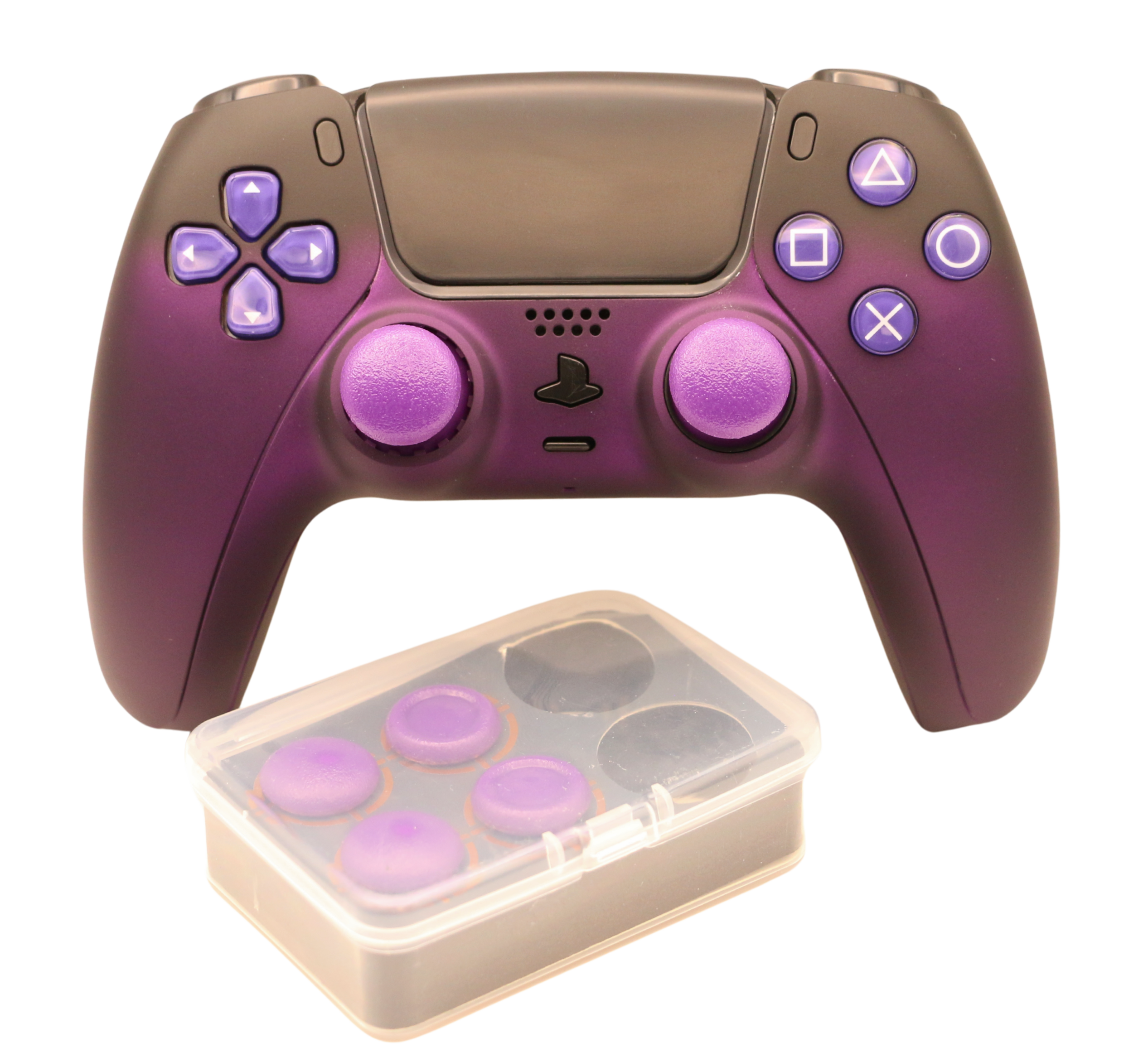 Purple Haze modded PS5 controller with customizable thumbsticks and back paddles