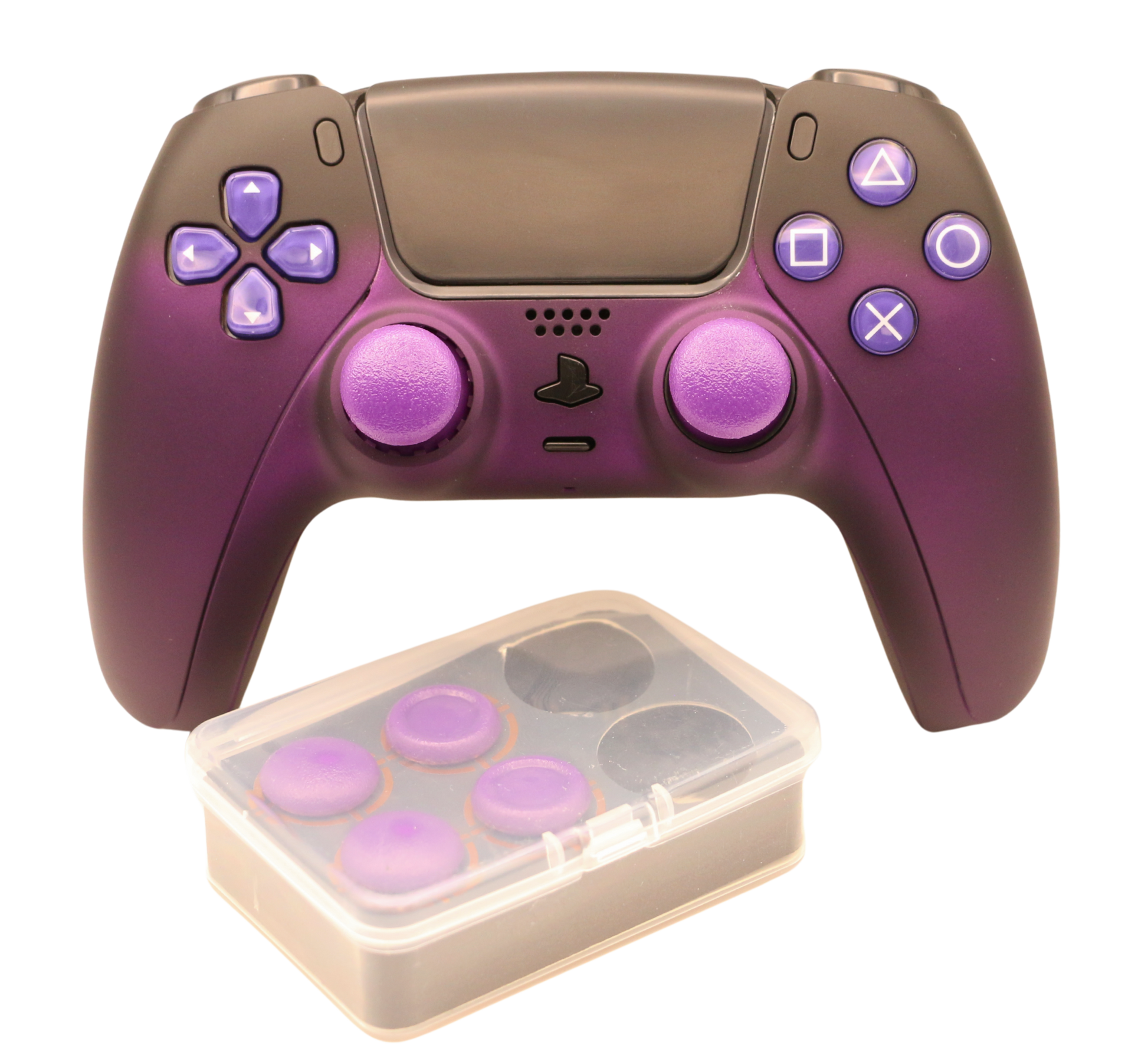 Purple Haze modded PS5 controller with customizable thumbsticks and back paddles