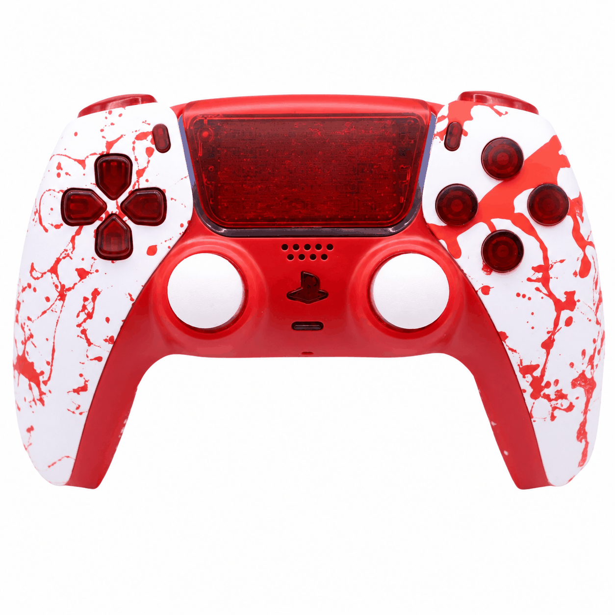Red and white gaming controller with splatter design on a white background