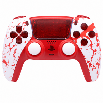 Red and white gaming controller with splatter design on a white background